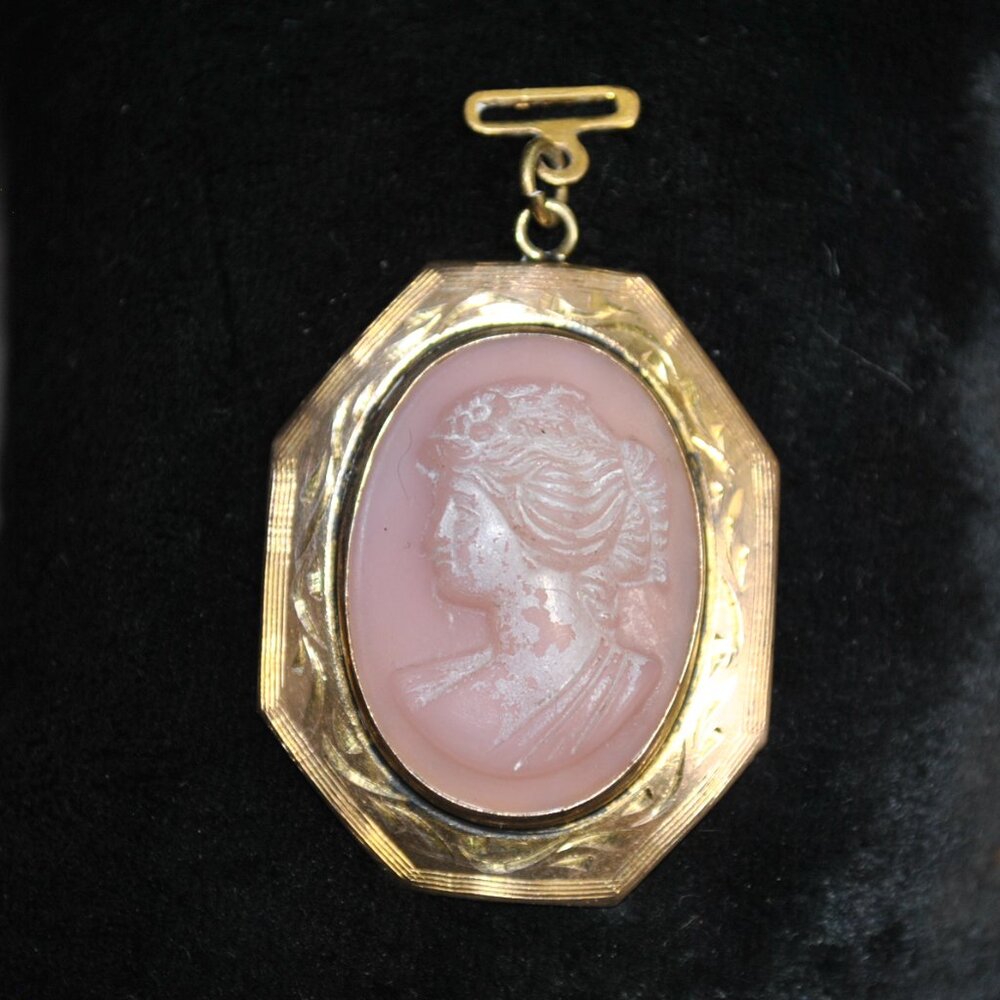 Antique Pink Cameo Pendant / Watch Fob with Ribbon Bail